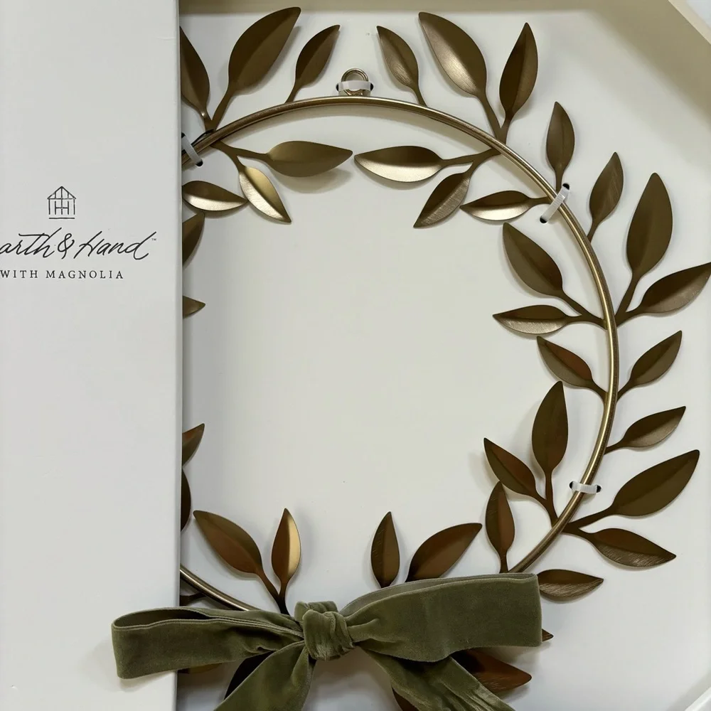 Hearth & Hand with Magnolia Decorative Brass Leaf Christmas Wreath Velvet Bow